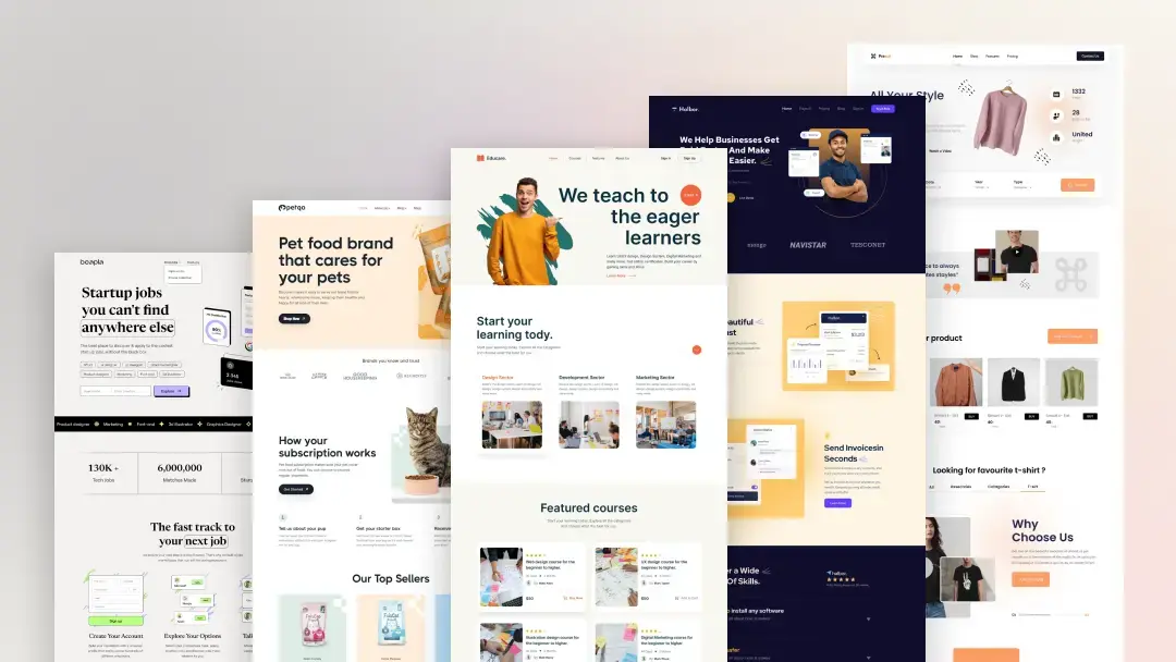 Website design mockups shown across desktop and mobile